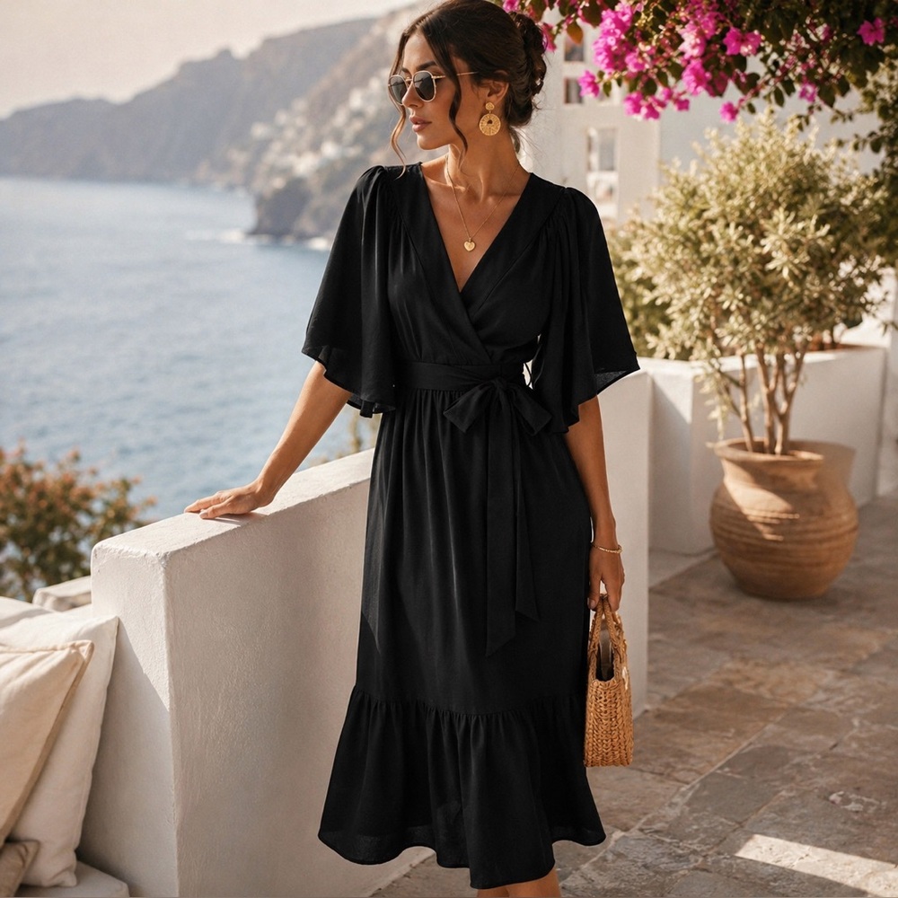 Black Kimono Sleeve Wrap Dress Size M